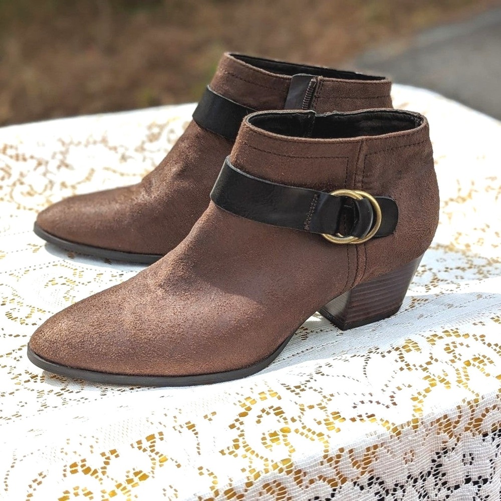 Boho Western Festival Brown Ankle Boots Franco Sarto Gabie Buckle Booties 9.5M